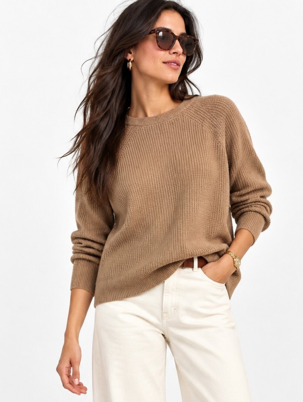 White + Warren 100% Cashmere Waffle Knit Crewneck Sweater Camel M